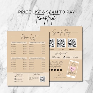 May include: A brown and beige price list and scan to pay template with a QR code for booking appointments, a QR code for paying with cash app, venmo, and paypal, and a QR code for leaving a Google review. The template also includes a contact us section with a phone number, email address, and website address. The template also includes a book now section with a QR code for booking appointments. The template also includes a tag us section with a QR code for tagging the business on social media.