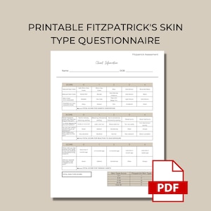 Könnte beinhalten: Druckbarer Fragebogen zum Fitzpatrick-Hauttyp, ein Formular zur Beurteilung des Hauttyps anhand von Genetik, Sonneneinstrahlung und Bräunungsgewohnheiten. Das Formular enthält Abschnitte für die natürliche Augenfarbe, die Haarfarbe, die Hautfarbe, Sommersprossen, die Lichtempfindlichkeit und die Bräunungsgewohnheiten. Das Formular enthält auch ein Bewertungssystem zur Bestimmung des Fitzpatrick-Hauttyps.