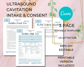 Ultrasound Cavitation Intake, Consent, Aftercare I Body Cavitation Sculpting Contouring I 3 Page I DIY Editable Printable Canva Template
