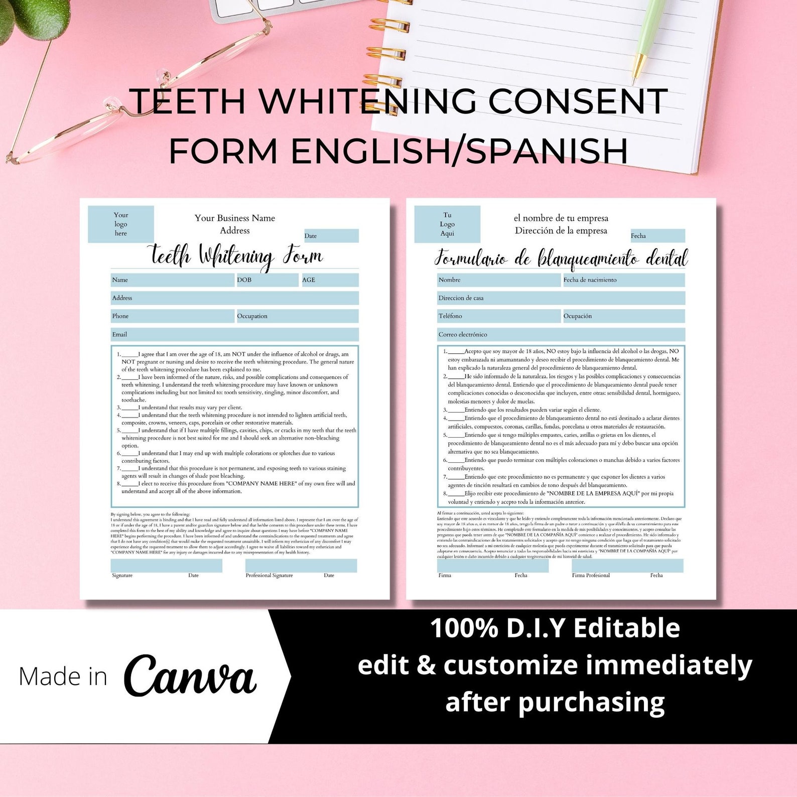 Editable Teeth Whitening Consent Form in English & Spanish I Etsy