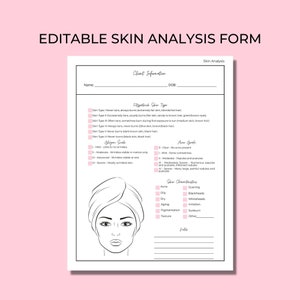 Bearbeitbare und druckbare Vorlage für ein Hautanalytik-Formular für Kosmetikerinnen, Dokument Fitzpatrick Hauttyp, Hautmerkmale, Gesichtszuordnung