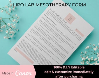 Editable Lipo Lab Mesotherapy Intake and Consent Form Template, Nurse Injector Med Spa Form, Fat Dissolving Injectables, MT004T