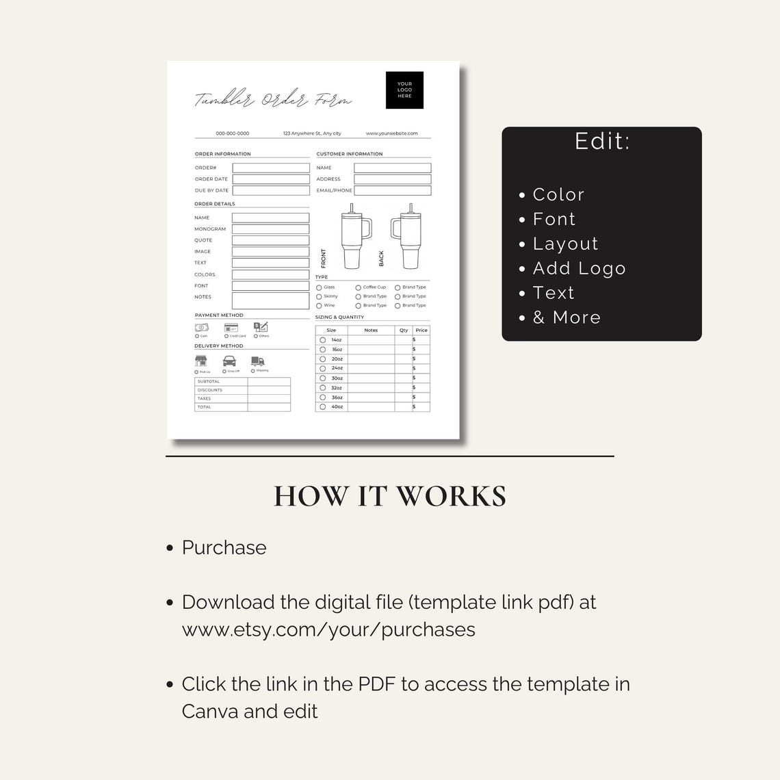 Sublimation Form Example Editable Tumbler Order Form: Canva Template for Sublimation Artists - Etsy