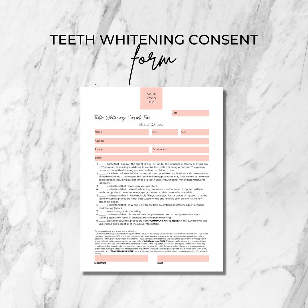 Teeth Whitening Consent Form, Tooth Whitening Form, Esthetician Form