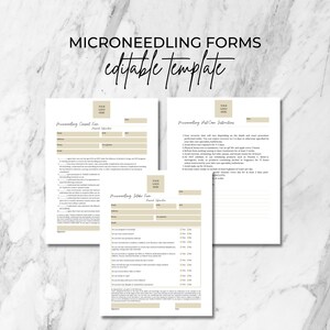 May include: Three printable forms for microneedling treatments. The forms are titled "Microneedling Consent Form", "Microneedling Aftercare Instructions", and "Microneedling Intake Form". The forms are designed to be used by aestheticians and beauty professionals.