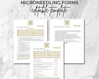 May include: Three printable forms for microneedling treatments. The forms are titled "Microneedling Consent Form", "Microneedling Aftercare Instructions", and "Microneedling Intake Form". The forms are designed to be used by aestheticians and beauty professionals.