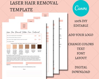 Laser Hair Removal Forms with Fitzpatrick Scale, DIY Editable Printable Canva Template, Advanced Aesthetics, Med Spa, LHR003T