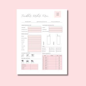 Puede incluir: Un formulario de pedido de vasos de color rosa y blanco con secciones para la información del pedido y del cliente. Incluye campos para los detalles del pedido, el tamaño y los métodos de pago.