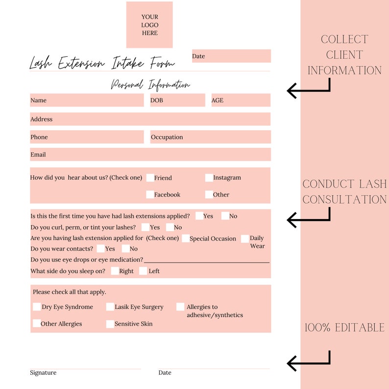 Lash Extension Forms Pack Intake Form Liability Waiver Etsy