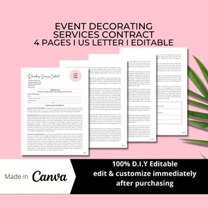 Event Dekorieren Dienstleistungen Vertragsvereinbarung, DIY bearbeitbare druckbare 4 Seiten Canva-Vorlage, rosa Akzent, Hochzeitsdekorationsvereinbarung CON001
