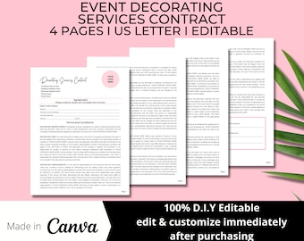 Contratto di servizi di decorazione per eventi, modello Canva fai da te modificabile e stampabile di 4 pagine, accento rosa, contratto di decorazione per matrimoni CON001