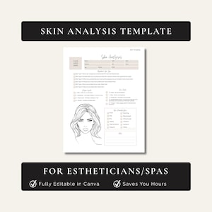Pode incluir: Um modelo de análise de pele bege e branco com o texto "Skin Analysis Template" no topo. O modelo inclui seções para tipo de pele, objetivos da pele e características da pele. A parte inferior do modelo apresenta um desenho de linha do rosto de uma mulher. O texto "For Estheticians/Spas" está na parte inferior.