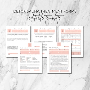 Könnte beinhalten: Eine Sammlung rosa und weißer druckbarer Formulare für eine Detox-Sauna-Behandlung. Die Formulare umfassen Abschnitte für Foto- und Video-Veröffentlichungen, COVID-19-Screening und eine Fitzpatrick-Bewertung. Der Text "DETOX SAUNA TREATMENT FORMS" und "editable template" stehen oben.