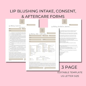 Lip Blushing Intake Consent Pre-care Aftercare Forms, DIY Editable Printable 3 Page Canva Template, Permanent Makeup, PMU Form, PMUA003TBEIG