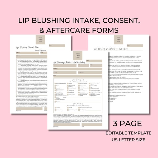 Lip Blushing Intake Consent Pre-care Aftercare Forms, DIY Editable Printable 3 Page Canva Template, Permanent Makeup, PMU Form, PMUA003TBEIG