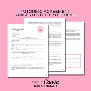 Tutoring Agreement Templates, 3 Page DIY Canva Templates, Tutoring Contract Templates, Editable Agreement, Printable Agreement