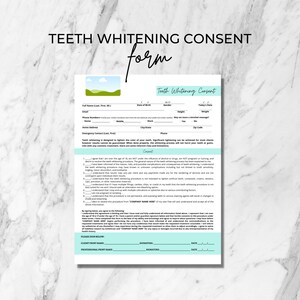 May include: A teeth whitening consent form with a green and blue illustration of a landscape at the top. The form includes sections for personal information, emergency contact, and consent. The consent section includes a list of statements that the patient must agree to before undergoing the procedure.