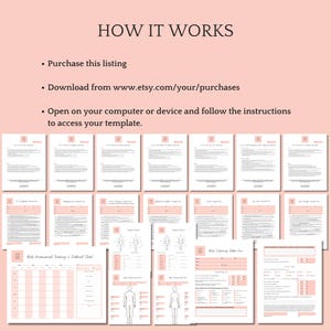 May include: A pink and white printable template for body contouring and tracking. The template includes a body tracking chart, a body contouring intake form, and a body measurement chart. The text "HOW IT WORKS" is at the top of the image. The text "Purchase this listing", "Download from www.etsy.com/your/purchases", and "Open on your computer or device and follow the instructions to access your template." is also included in the image.