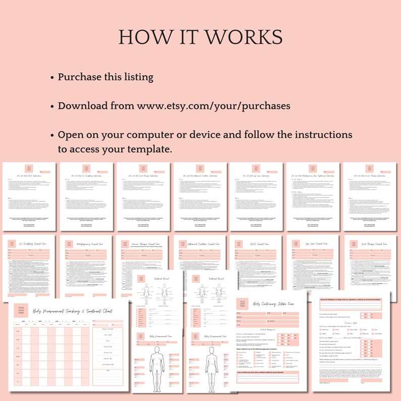 May include: A pink and white printable template for body contouring and tracking. The template includes a body tracking chart, a body contouring intake form, and a body measurement chart. The text "HOW IT WORKS" is at the top of the image. The text "Purchase this listing", "Download from www.etsy.com/your/purchases", and "Open on your computer or device and follow the instructions to access your template." is also included in the image.