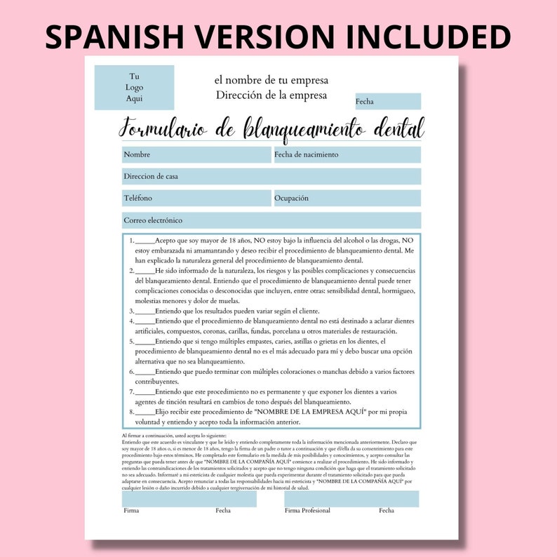 Editable Teeth Whitening Consent Form in English & Spanish I Etsy