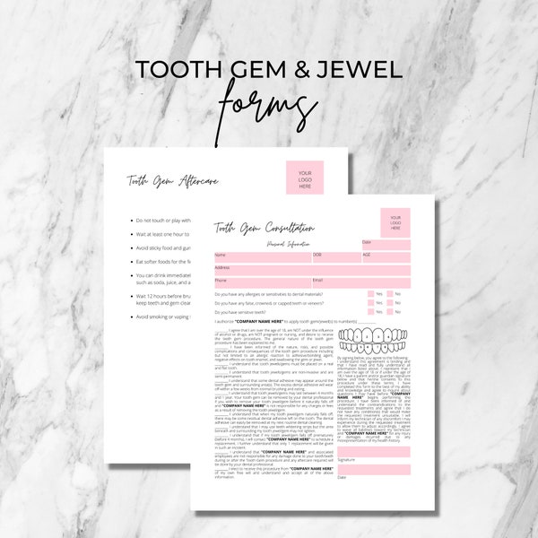 Tooth Gem Consultation and Aftercare Forms, Editable Canva Templates, Tooth Jewel Application, Tooth Gem Application, Esthetician Forms #003