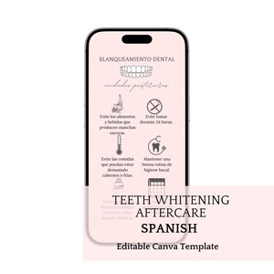 Modelo de imagem para cuidados posteriores ao clareamento dental em espanhol, mensagem de texto editável para clientes com cuidados posteriores, técnicos em clareamento dental, clareamento dental