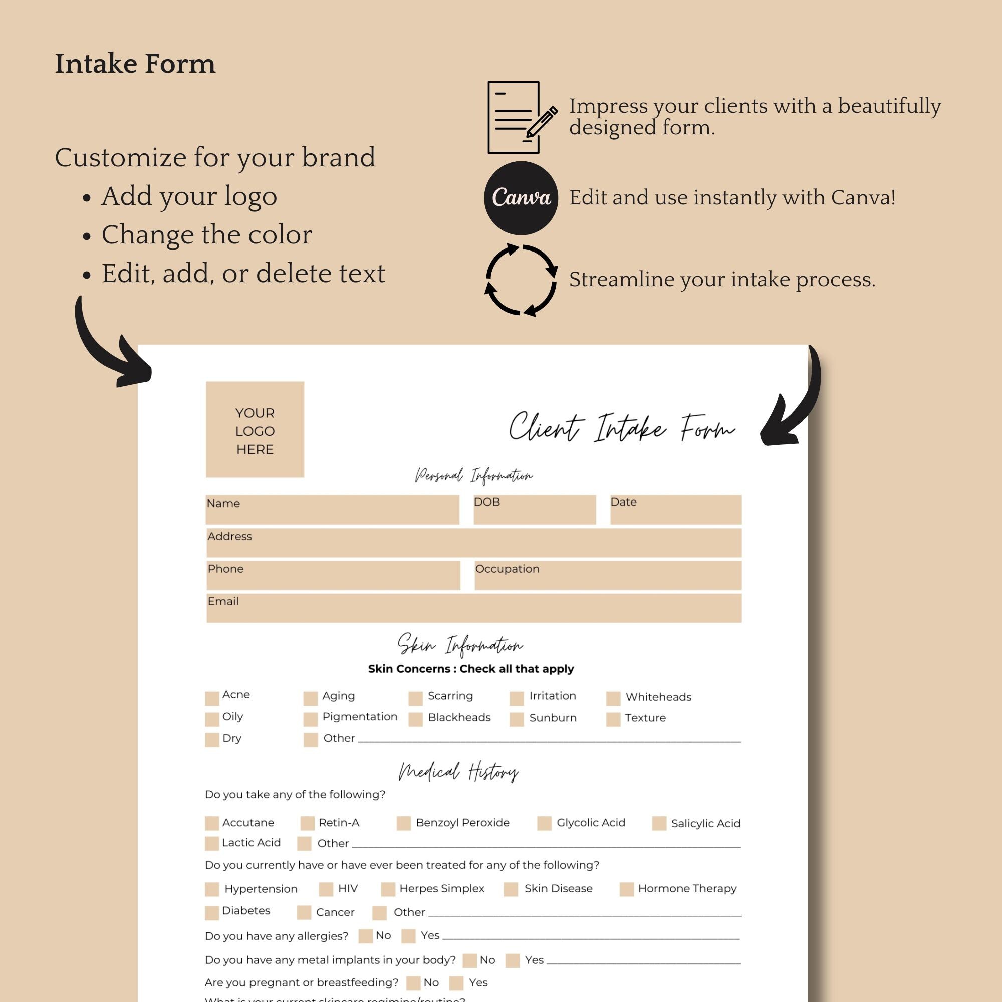Esthetician Client Intake Form Template (editable in Canva) - Etsy