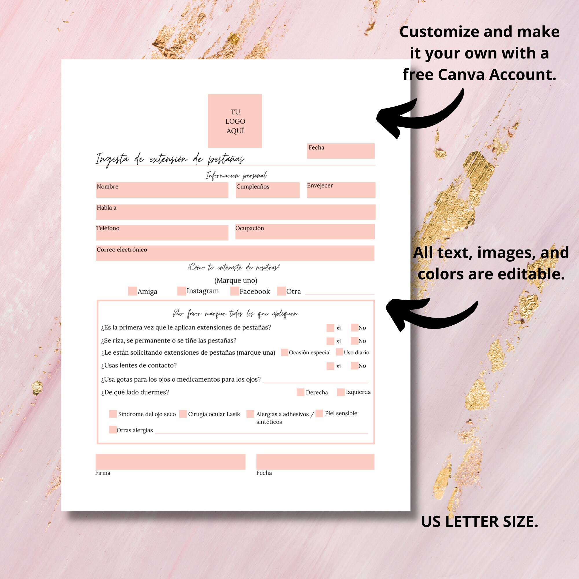 Spanish Editable Eyelash Extension Forms I Lash Intake Form I Etsy