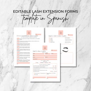 Op de afbeelding: Bewerkbare wimpersverlengingsformulieren sjabloon in het Spaans. De formulieren omvatten een cliëntenintakeformulier, een toestemmingsformulier en een wimpersverlengingsconsultformulier.