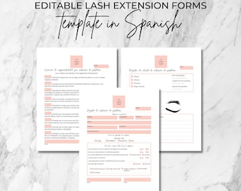 Formularios para extensiones de pestañas en español: Admisión del cliente, Consentimiento, Planificación (Plantilla imprimible y editable de Canva)