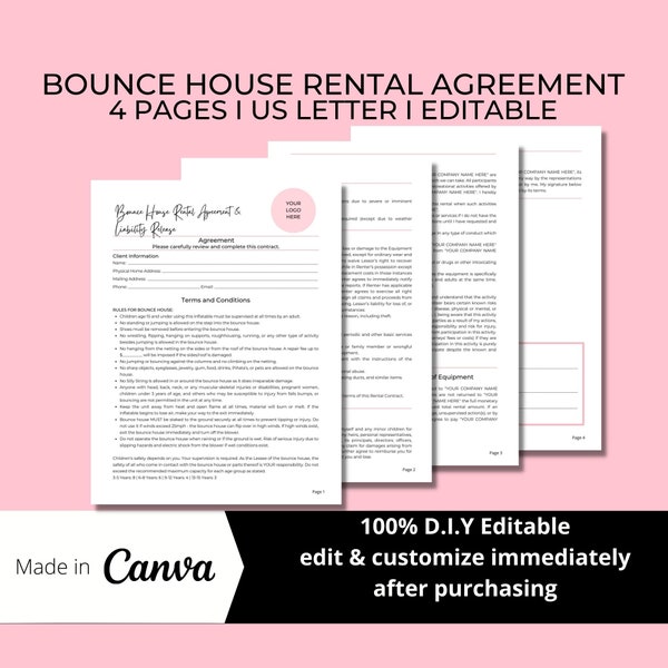 Bounce House Rental Contract Agreement, 4 Page Editable Canva Template, Pink Accent, Inflatables Rental Contract, Moonwalk Rental CON009T