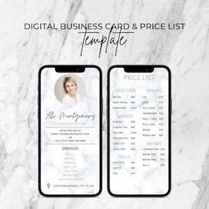 Cartão de visita digital para esteticista, lista de preços digital, mármore cinza claro, cartão de visita para spa, cartão de visita para salão de beleza, cartão de texto para cliente