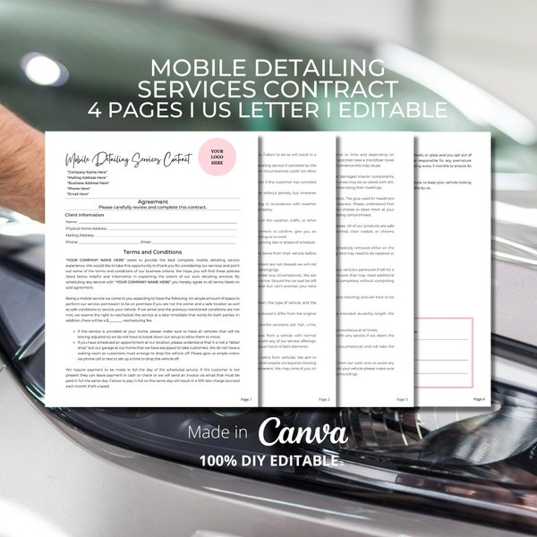 Mobile Detailing Services Contract Agreement, DIY Editable Printable 5 Page Canva Template, Pink Accent, Auto Detailing contract CON013T