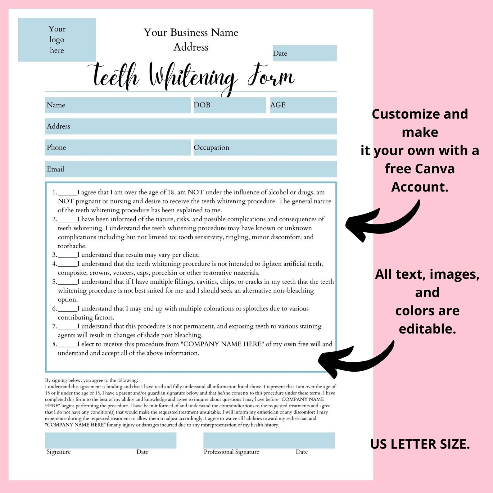 Editable Teeth Whitening Consent Form in English & Spanish I Etsy