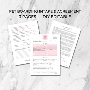 Formulario de admisión y contrato de alojamiento de mascotas, plantilla de Canva de 3 páginas, editable e imprimible, alojamiento en perreras, alojamiento de animales, cuidado de mascotas