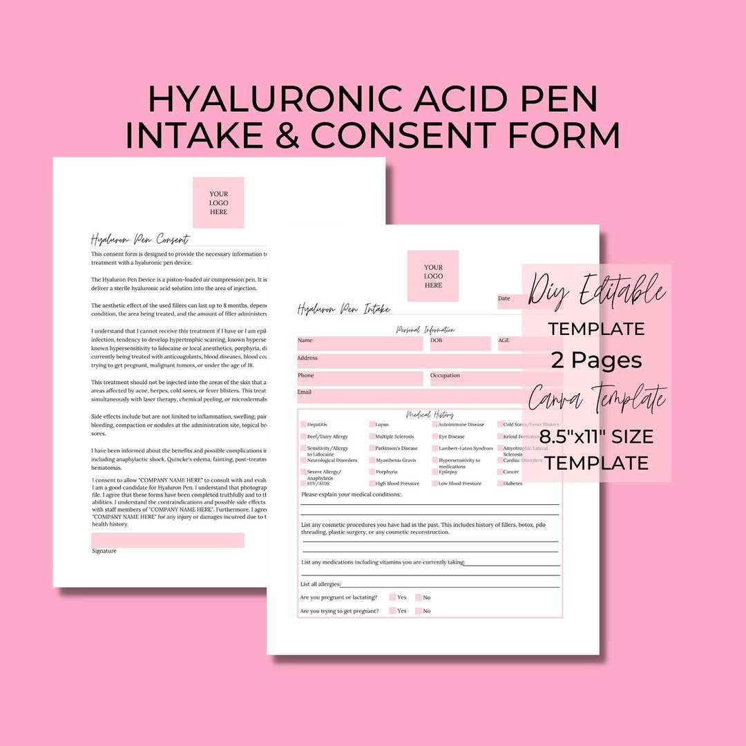 Hyaluronic Acid Pen Intake and Consent Forms, DIY Editable, Printable