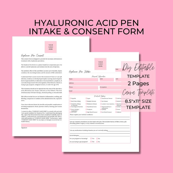 Hyaluronic Acid Pen Intake and Consent Forms, DIY Editable, Printable, 2 Page Canva Template, Esthetician, Needle Free Filler, Lip Plump