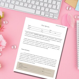 May include: A white photo and video release form with black text. The form includes fields for name, address, phone, city, email, date of birth, state, and zip code. The form also includes a section for granting permission to use photographs and videos for marketing and advertising purposes.