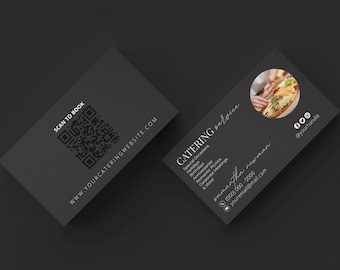 May include: Two dark gray business cards. One card has a QR code and the text "SCAN TO BOOK" and "WWW.YOURCATERINGWEBSITE.COM". The other card says "CATERING service" and lists services. It also includes a photo of food, contact info, and social media icons.