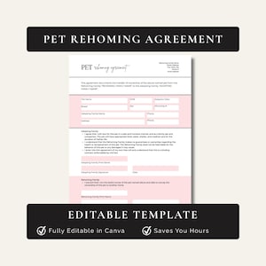 Pet Rehoming Agreement, Dog Cat Adoption Contract, Editable Canva Template