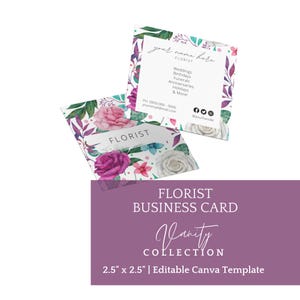 Floristen-Visitenkarten-Design, Floristen-Vorlage, Blumenladen-Karte, quadratische Canva-Visitenkarte, Visitenkarte, feminines Kartendesign