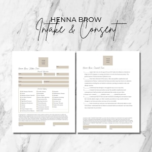 Formulario de admisión y consentimiento para cejas con henna, plantilla de Canva de 2 páginas, editable e imprimible, color beige y blanco, carta de EE. UU., formularios comerciales para esteticistas, HB002T