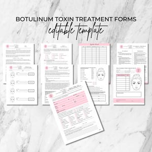 May include: A set of printable forms for botulinum toxin treatment. The forms include a patient intake form, a treatment record, and a neuromodulator injection record. The forms are editable and can be customized to fit the needs of any practice.