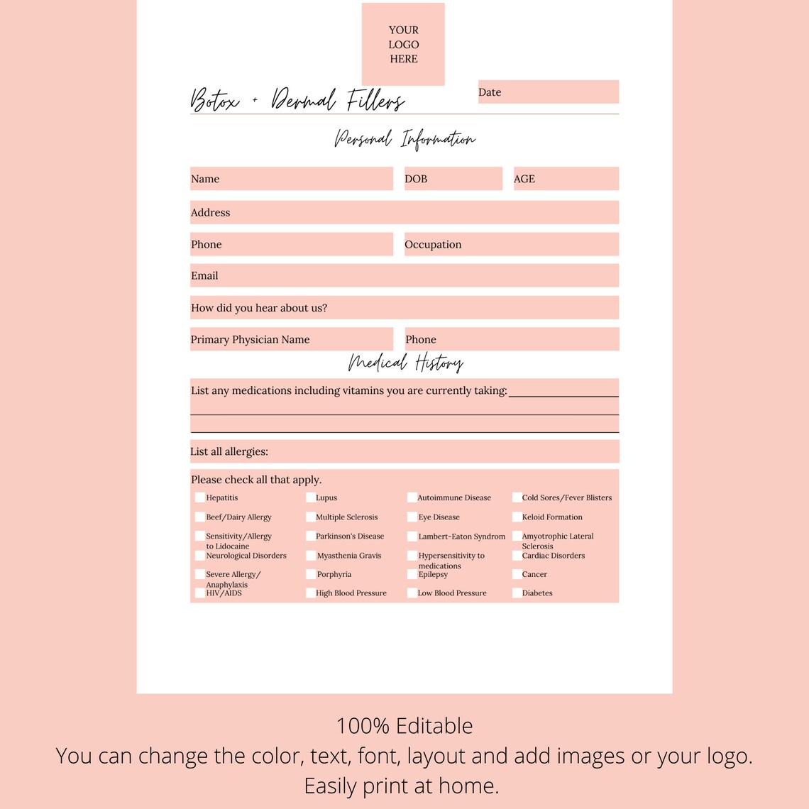 Botox And Dermal Filler Forms Injectable Intake Forms Etsy - Form ...