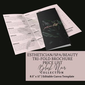 Puede incluir: Folleto tríptico para un negocio de spa o belleza. El folleto es negro con un diseño rosa y verde y el texto "THE SPA price list". El folleto mide 21,6 cm x 27,9 cm e incluye el texto "Blush Noir Collection".