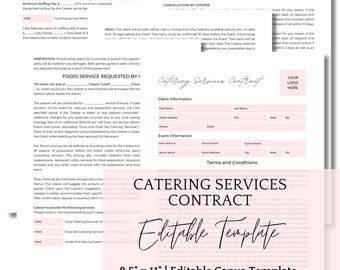 May include: A catering services contract template, 8.5 x 11 inches, with a pink header and footer. The document includes sections for client information, event details, and terms and conditions. The text "Editable Template" is prominently displayed.