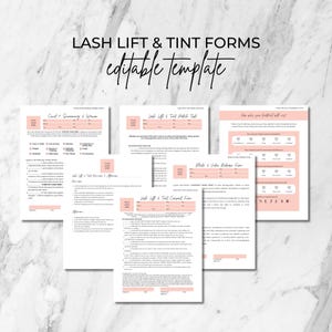 Puede incluir: Un conjunto de cinco formularios imprimibles para servicios de lifting y tinte de pestañas. Los formularios incluyen una evaluación y exención de COVID-19, una prueba de parche para lifting y tinte de pestañas, un formulario de consentimiento para lifting y tinte de pestañas, un formulario de liberación de fotos y videos, y un formulario "¿Cómo te sientes con nosotros?"