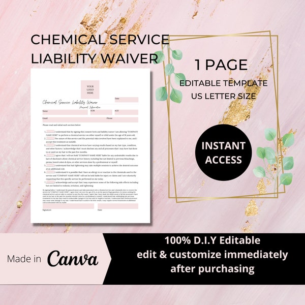 Chemical Service Treatment Consent Liability Form, DIY Editable and Printable Canva Template, Hair Stylist Form, Salon Treatment Form,CS002T