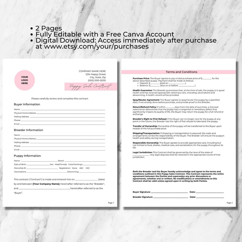 Puppy Sale, Contract, Agreement, Breeder Form, Dog Adoption, Editable Template, Puppy Purchase Agreement Template