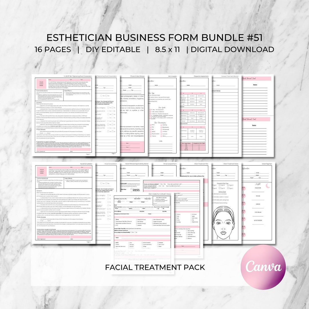 Facial Treatment Forms, Client Intake & Health History, Skin Analysis
